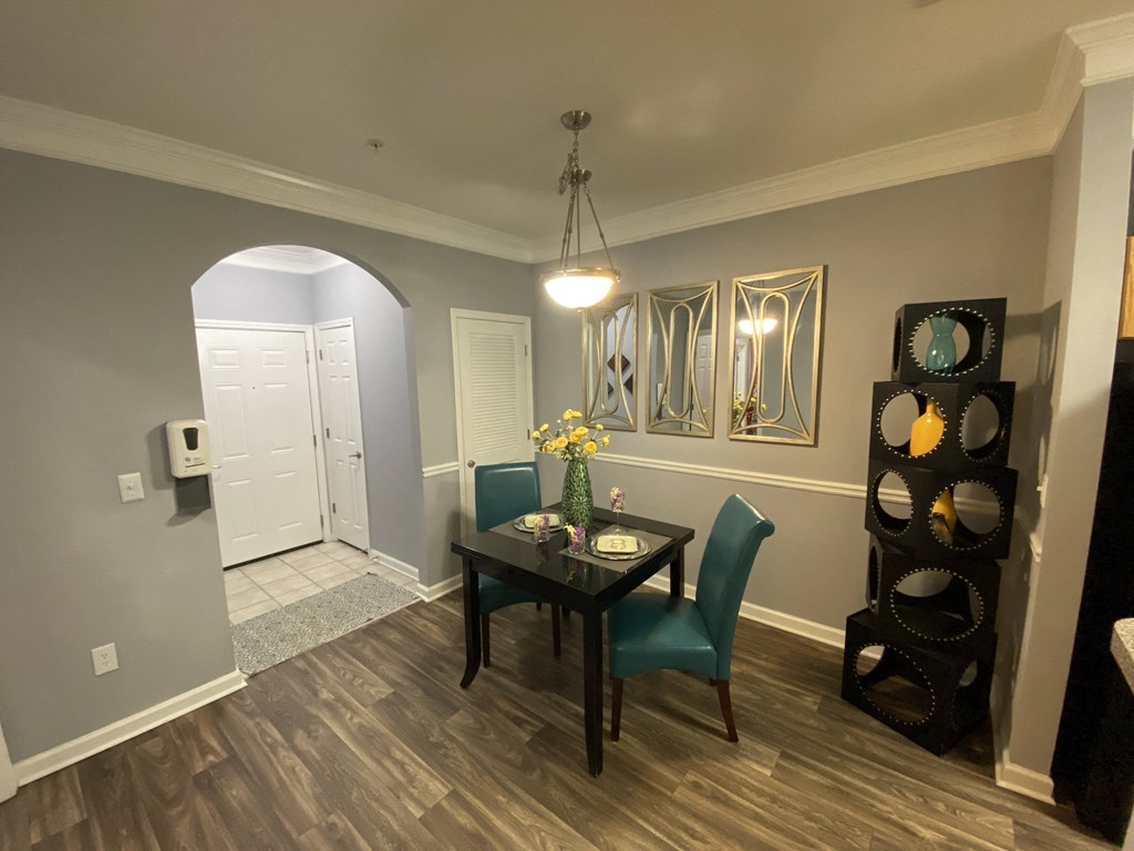 Edgewater Vista Apartments, Decatur Georgia, model apartment dining area with hardwood flooring