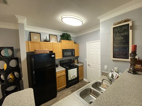 a kitchen with a black refrigerator and a sink