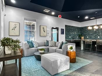 A modern living room with a grey sofa, a wooden table, and a blue rug.