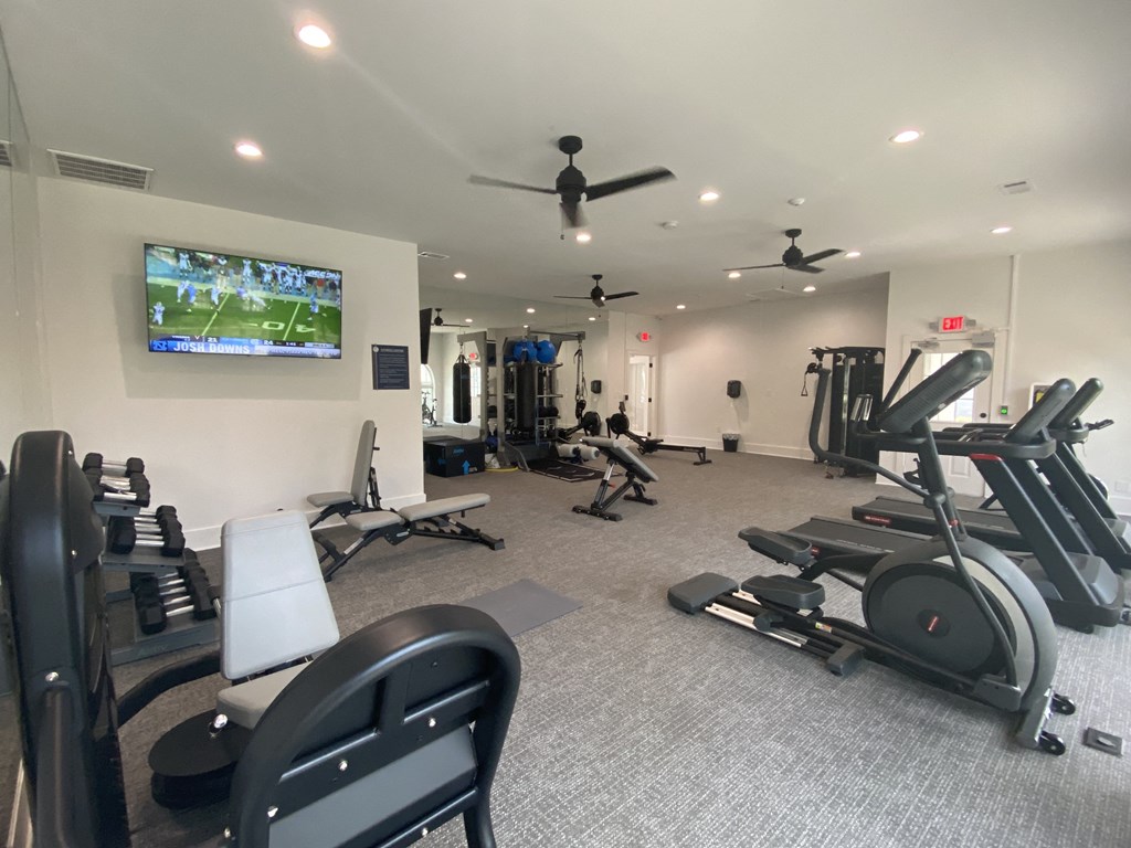 a gym with cardio equipment and a flat screen tv at Crescent Place Apartments, Georgia