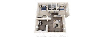 A 3D floor plan of a small apartment with a kitchen, living room, and bedroom.