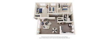 A 3D floor plan of a small apartment with a kitchen, living room, and two bedrooms.