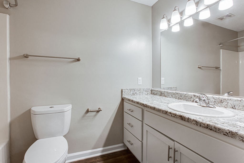 a bathroom with a toilet and a sink and a mirror at Indigo Apartments Gainesville, Gainesville Georgia