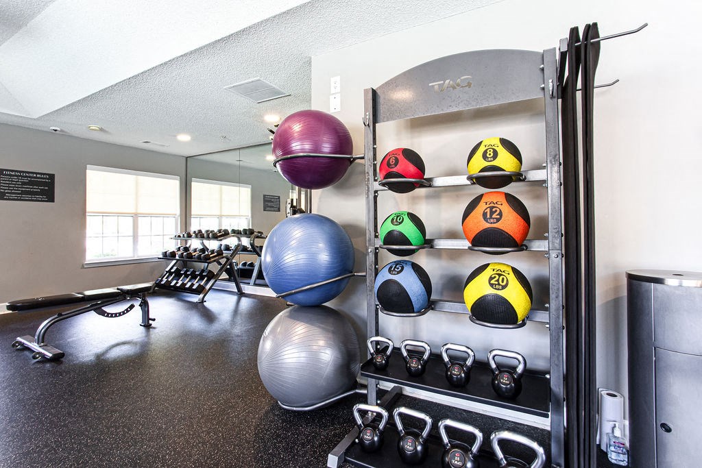 a gym with weights and balls on a rack at Emery Village, Georgia, 30504