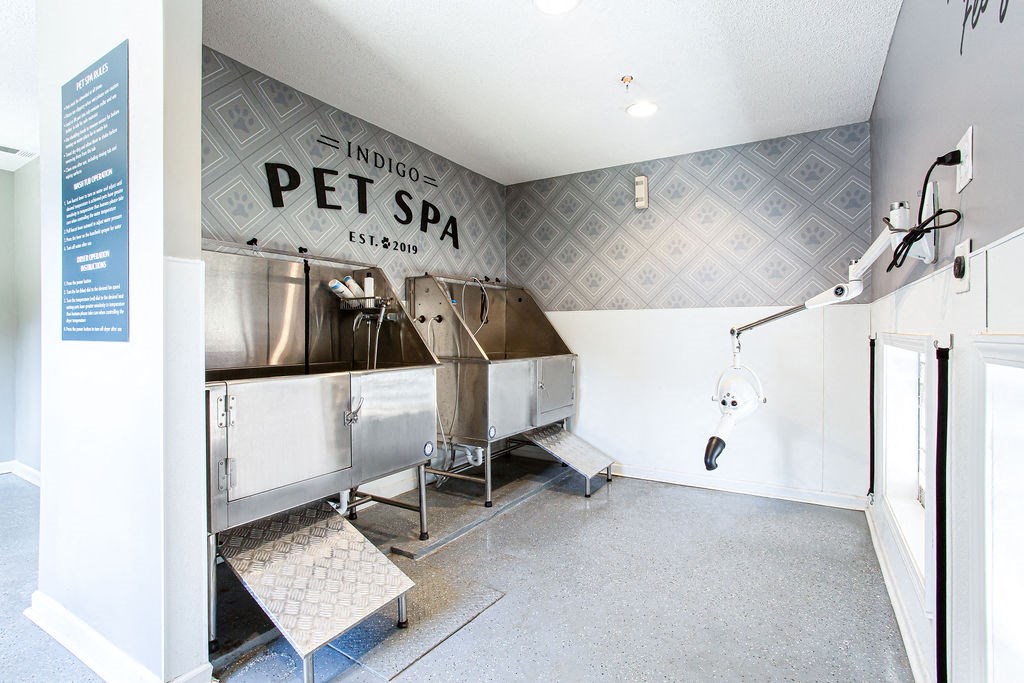 a pet spa room with a large stainless steel machine and a shower at Indigo Apartments Gainesville, Georgia