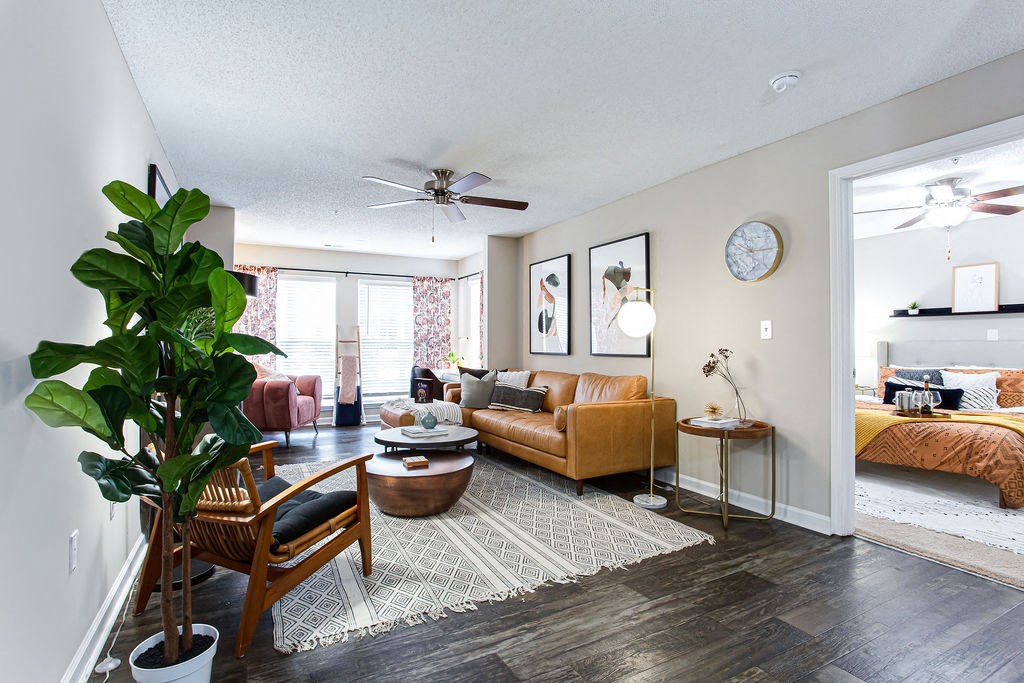 a living room with furniture and a ceiling fan at Indigo Apartments Gainesville, Gainesville, GA 30504