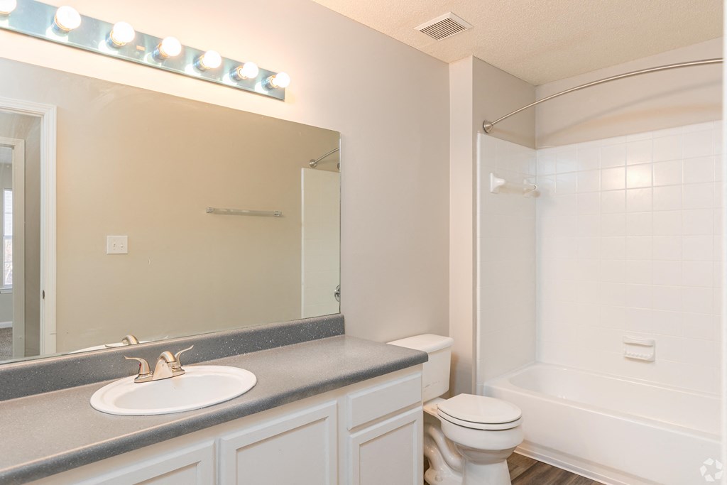 a bathroom with a toilet sink and mirror and a shower