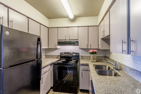 A kitchen with a black refrigerator and stove top oven.