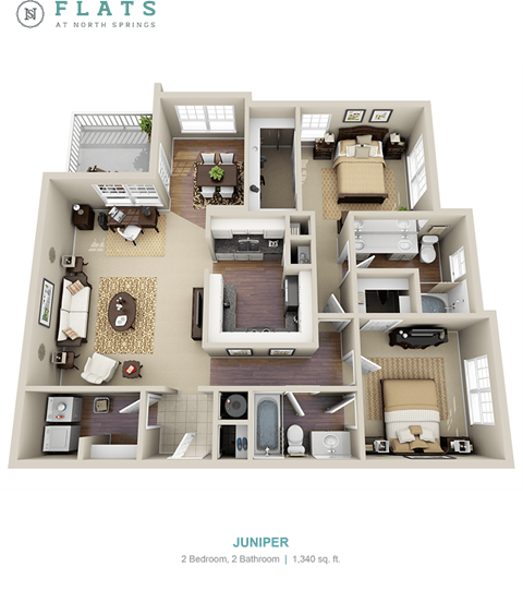 A floor plan of a Juneper apartment showing two bedrooms and two bathrooms.
