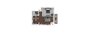 A top-down view of a house layout with a kitchen, living room, and dining area.