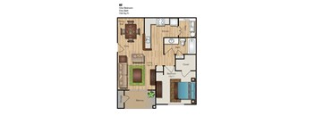 A floor plan of a one bedroom apartment with a balcony.