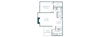 A floor plan of a small apartment with a bedroom, living room, kitchen, dining room, and a patio balcony.