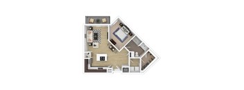 A 3D floor plan of a house with a living room, kitchen, and bedrooms.
