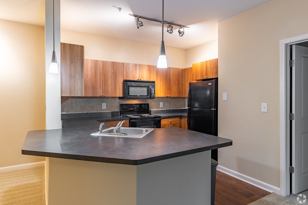 Overlook at Gwinnett Stadium spacious kitchen featuring black appliances. Lawrenceville, GA.