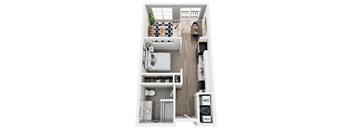 A small apartment with a kitchen, bathroom and living room.