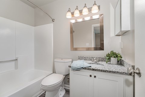 A white bathroom with a toilet, sink, and mirror.