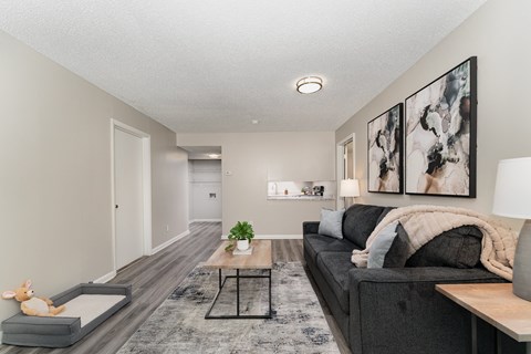 A living room with a grey couch, a coffee table, and a lamp.