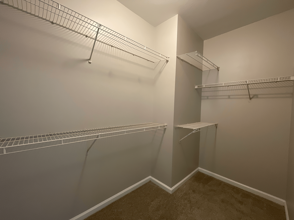 walk in closet with ample shelving at Lex at Brier Creek, Morrisville, North Carolina
