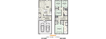A floor plan of a two-story house with four bedrooms and a garage.