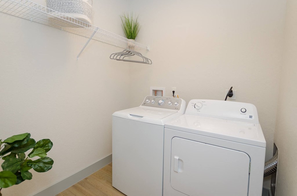a white washer and dryer in a room with a plant and a rack at Lofts at South Lake, Florida