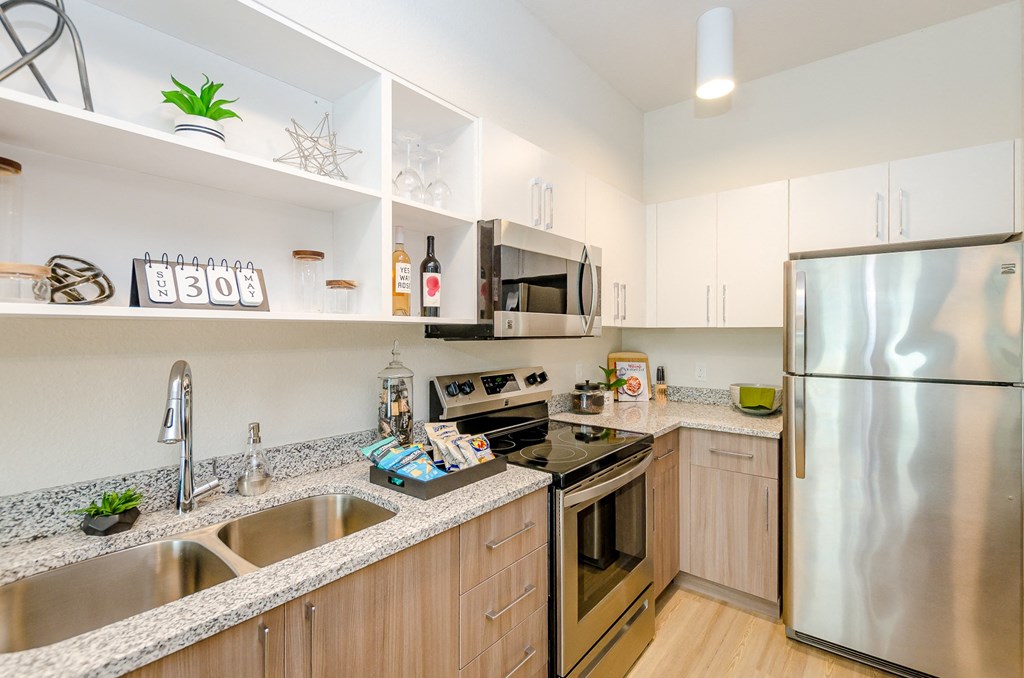 a modern kitchen with stainless steel appliances and granite counter tops at Lofts at South Lake, Florida