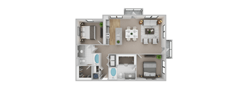 A top-down view of a modern apartment layout with a kitchen, living room, and bedrooms.