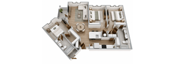 A 3D floor plan of a house with multiple rooms and furniture.