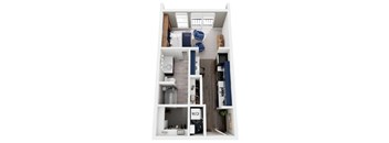 A top-down view of a small, neatly organized apartment with a kitchen, living room, and bedroom.