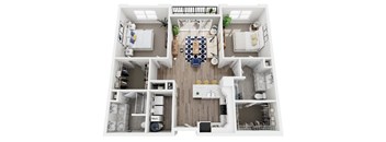 A top-down view of a modern apartment layout with a kitchen, living room, and two bedrooms.