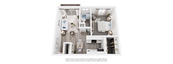 A white interior design rendering of a house with a kitchen, living room, and bedrooms.