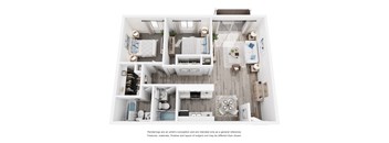 A white interior design layout of a house with a kitchen, living room, and bedrooms.