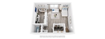 A top-down view of a modern, minimalist apartment with a kitchen, living room, and bedroom.