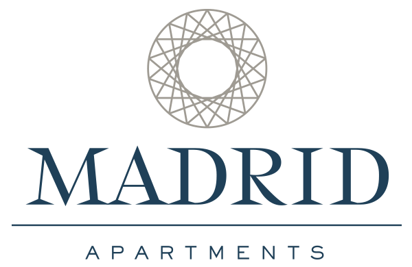 A logo for Madrid Apartments featuring a circle with a geometric pattern.