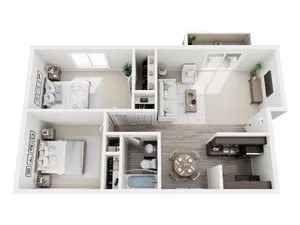 A floor plan of a small apartment with a kitchen, living room, and two bedrooms.