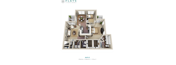 A 3D floor plan of a 2 bedroom, 1.5 bathroom apartment sized 1,139 sq. ft.