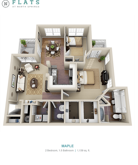 A 3D floor plan of a 2 bedroom, 1.5 bathroom apartment sized 1,139 sq. ft.