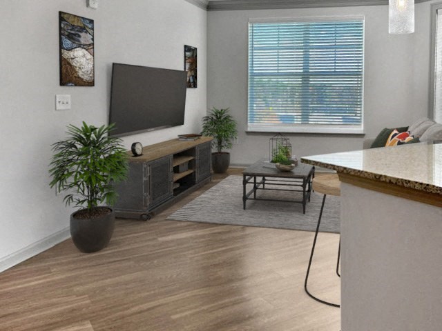 a living room with a couch and a television