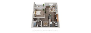 A 3D floor plan of a small apartment with a kitchen, living room, and bathroom.