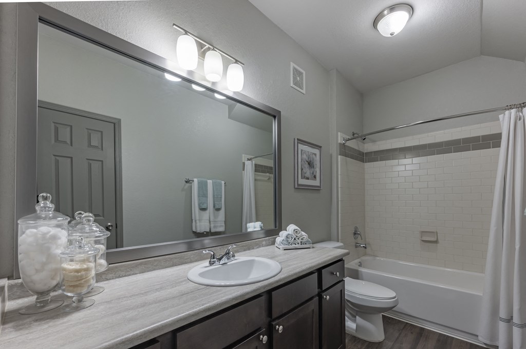 a bathroom with a large mirror and a sink and a toilet at Century HomePlace, Prattville, AL 36066