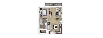 A top-down view of a small apartment layout with a kitchen, living room, and bedroom.