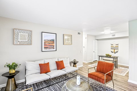 A living room with a white couch, a black and white patterned rug, and a red chair.