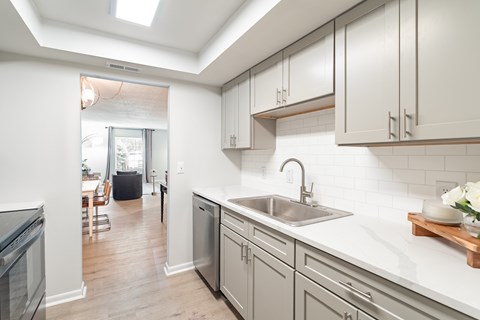 A kitchen with a sink and a window.