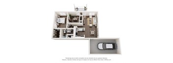 a stylized floor plan with a car and a bedroom