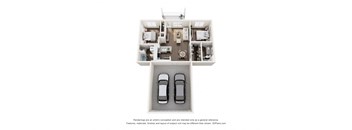 a stylized floor plan with a car in the garage