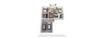 a stylized floor plan with a car in the garage