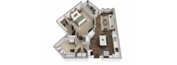 A 3D image of a house layout with a kitchen, living room, and bedrooms.