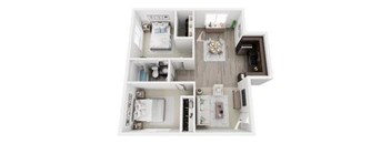 A floor plan of a small apartment with a kitchen, living room, and two bedrooms.