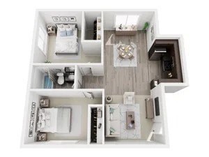 A floor plan of a small apartment with a kitchen, living room, and two bedrooms.