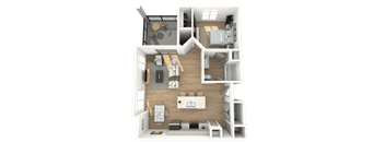 A 3D floor plan of a small apartment with a kitchen, living room, and bedroom.