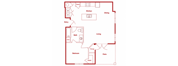 A red outline of a house plan with labeled rooms.